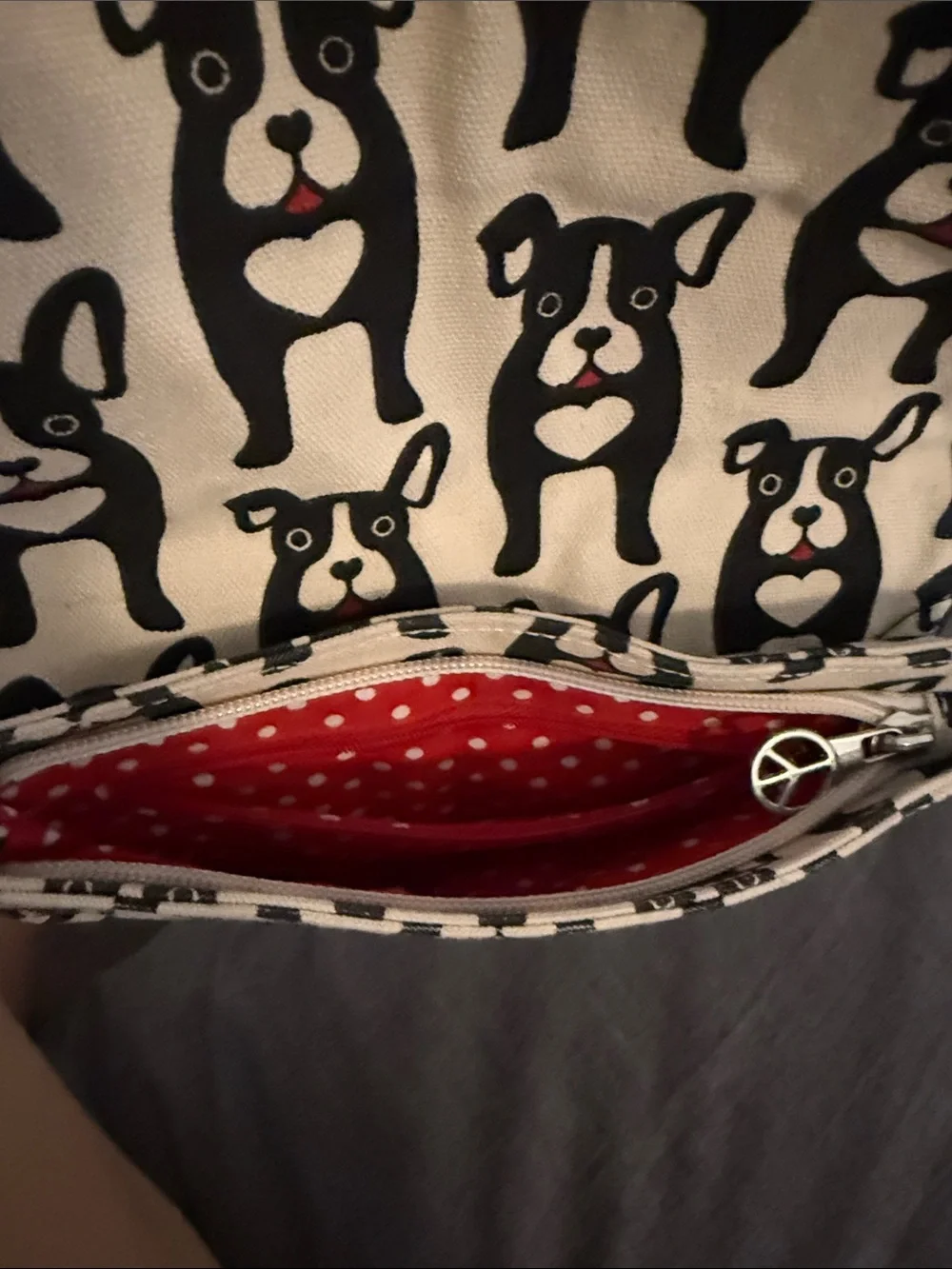 bungalow 360 Beige Wristlet with Black Dog Print and Red Trim